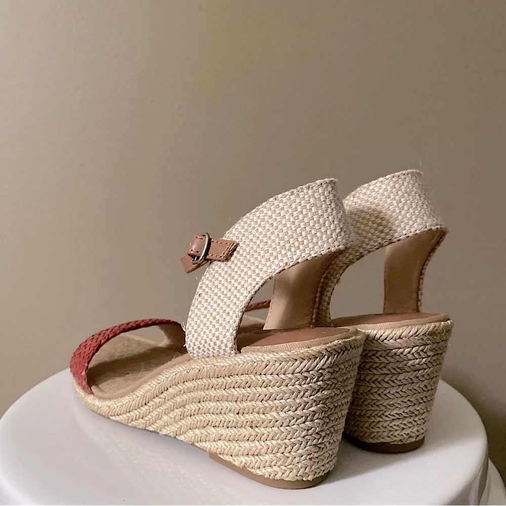 LUCKY BRAND OPEN TOE KAVELLI WEDGE WOVEN ESPADRILLES SANDALS Tan Red 9.5