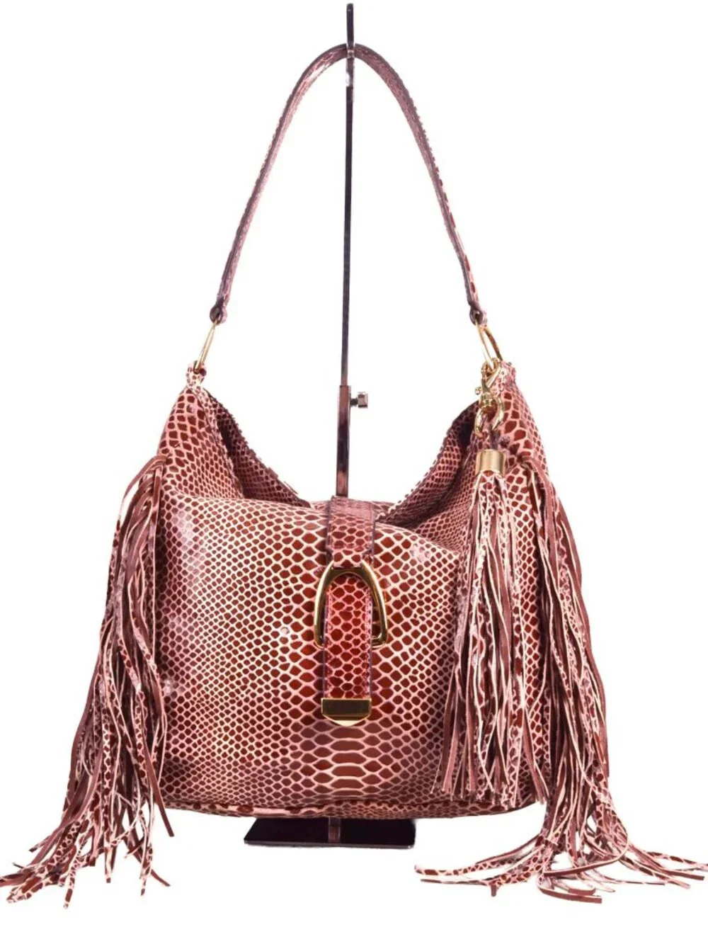G.I.L.I. Leather Stirrup Fringe Sienna Cobra Fringe Hobo Bag Purse A271123‎