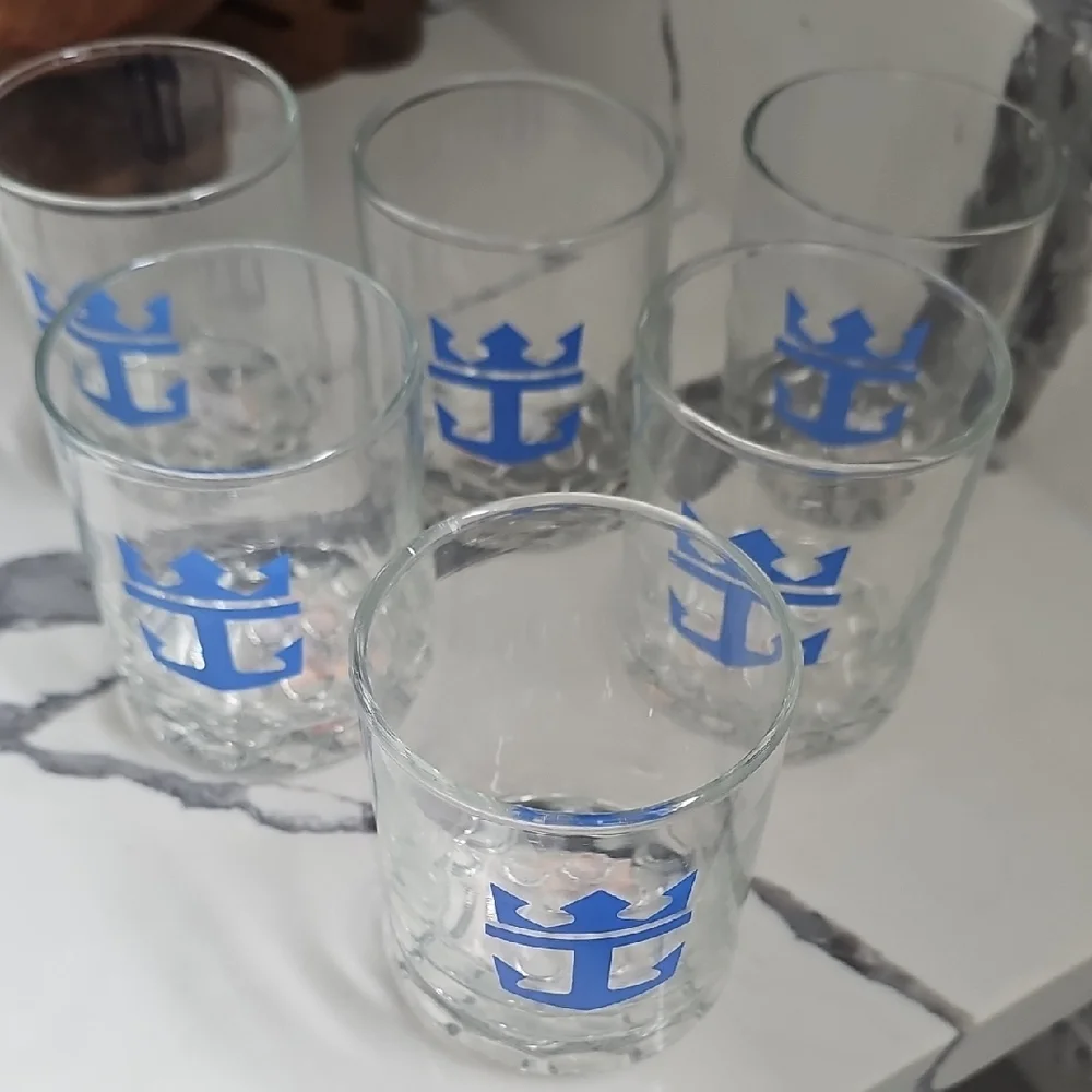 Royal Caribbean Cruise Blue Anchor Whiskey Low Ball Glasses Hobnail Bottom