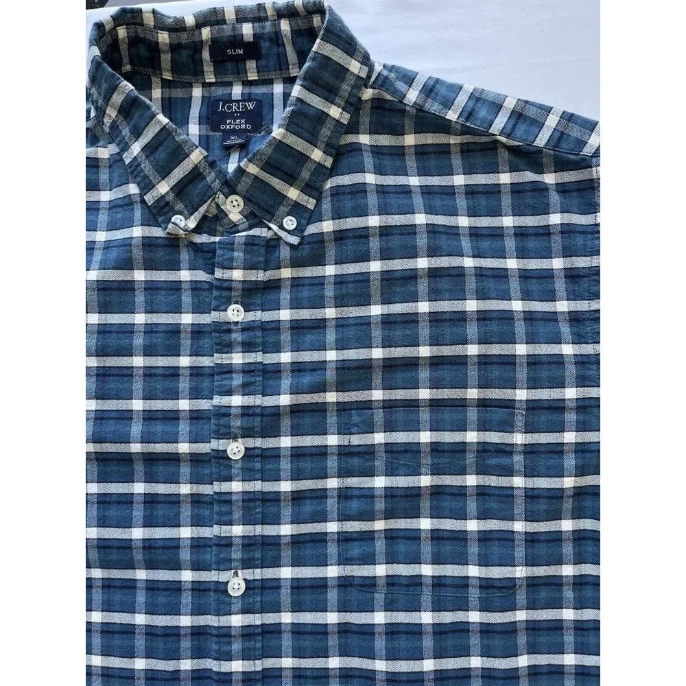 J. Crew Men's Adult Sz XL Button Shirt Long Sleeve Blue Gingham Flex Oxford Slim