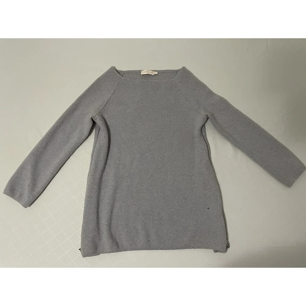 Tory Burch Women's M Rylie Sweater Tunic Gray Side‎ Zip Merino Wool 3/4 Sleeve