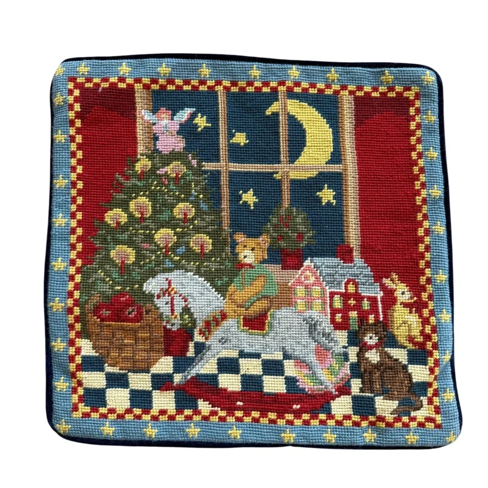 Vintage Needlepoint‎ Christmas Pillow Cover Teddy Bear Rocking Horse Navy Velvet