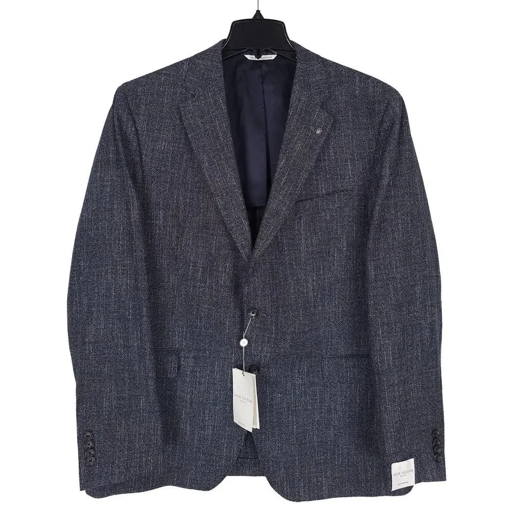 Jack Victor Mens Midland Unstructured Sport Coat 46R Blue Textured Melange Wool