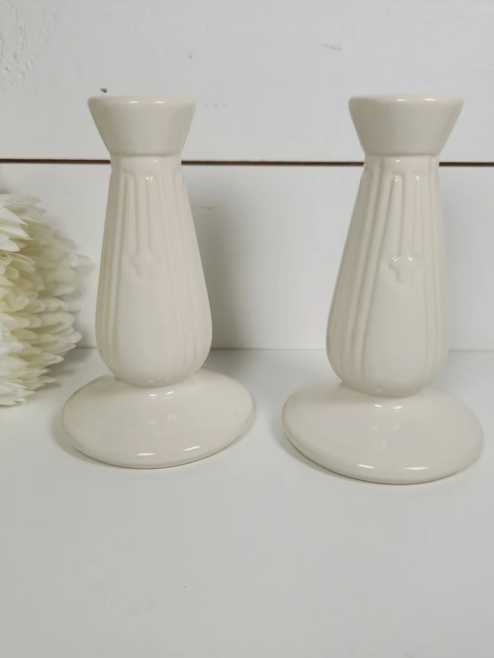 Vintage Pair of White Ceramic Pottery Candlestick Holders,  Art Deco Design