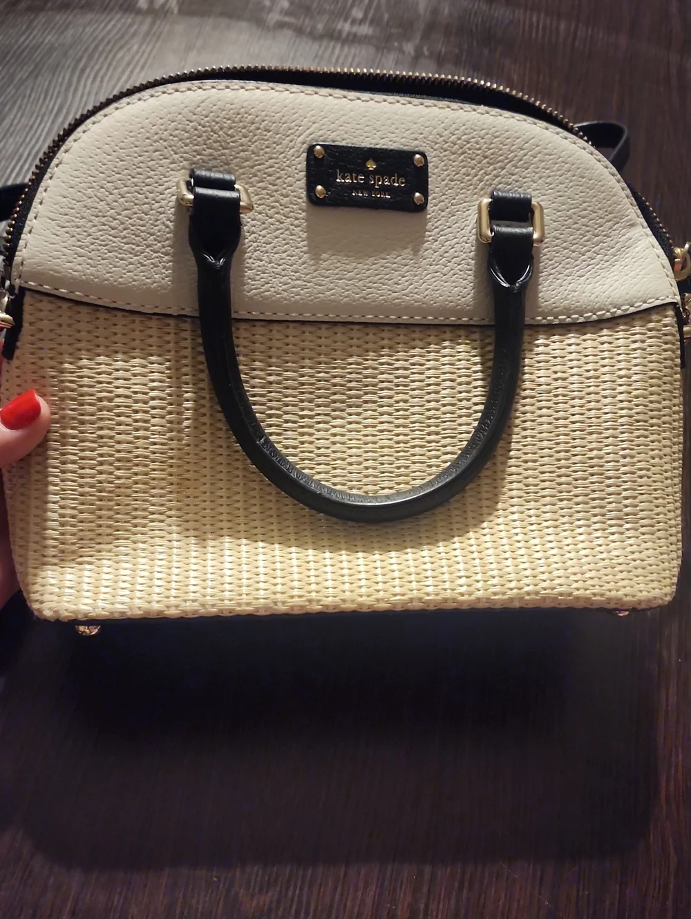 kate spade Cream and Black Woven Dome Satchel with Gold Hardware