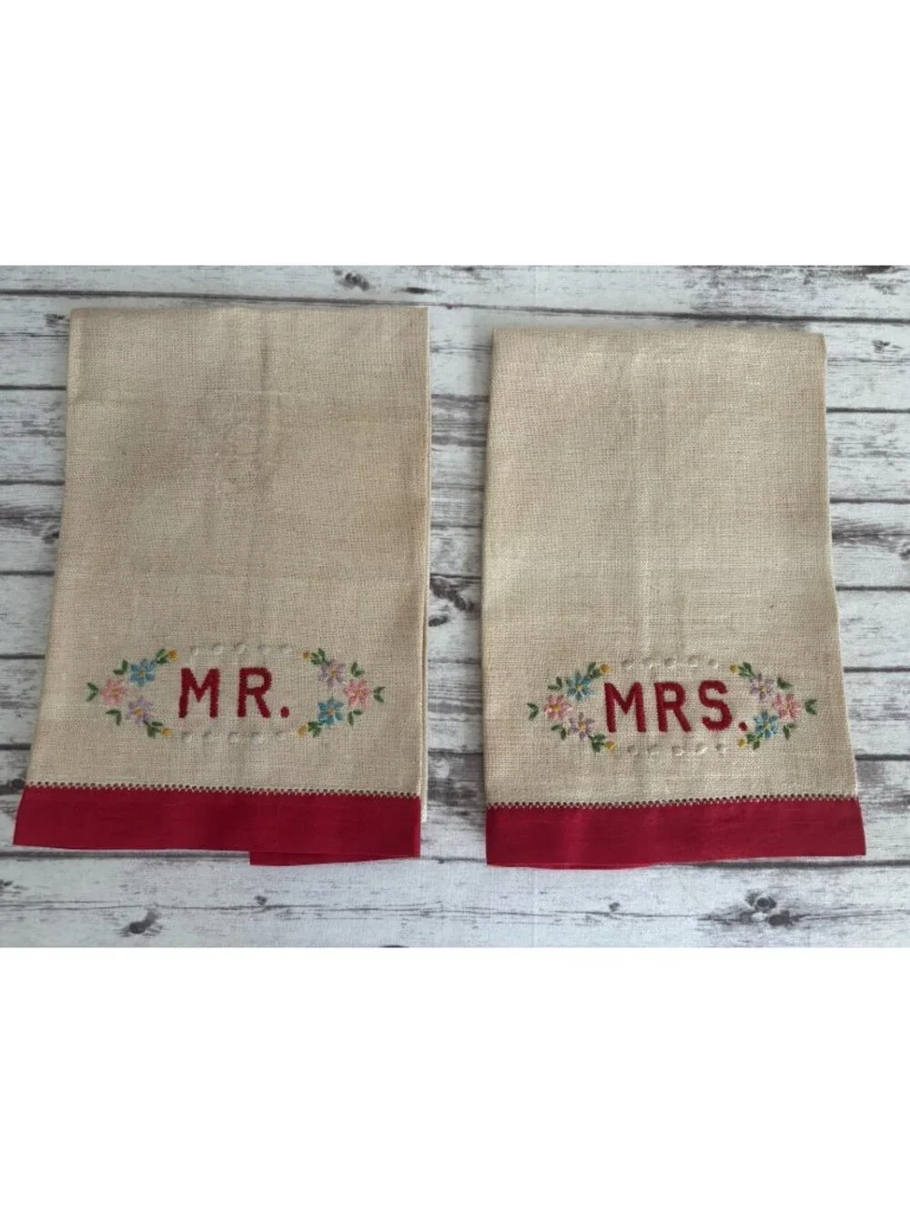 Vintage Hand-Embroidered Red Floral Mrs & Mr Hand Towels 11x18 Linen