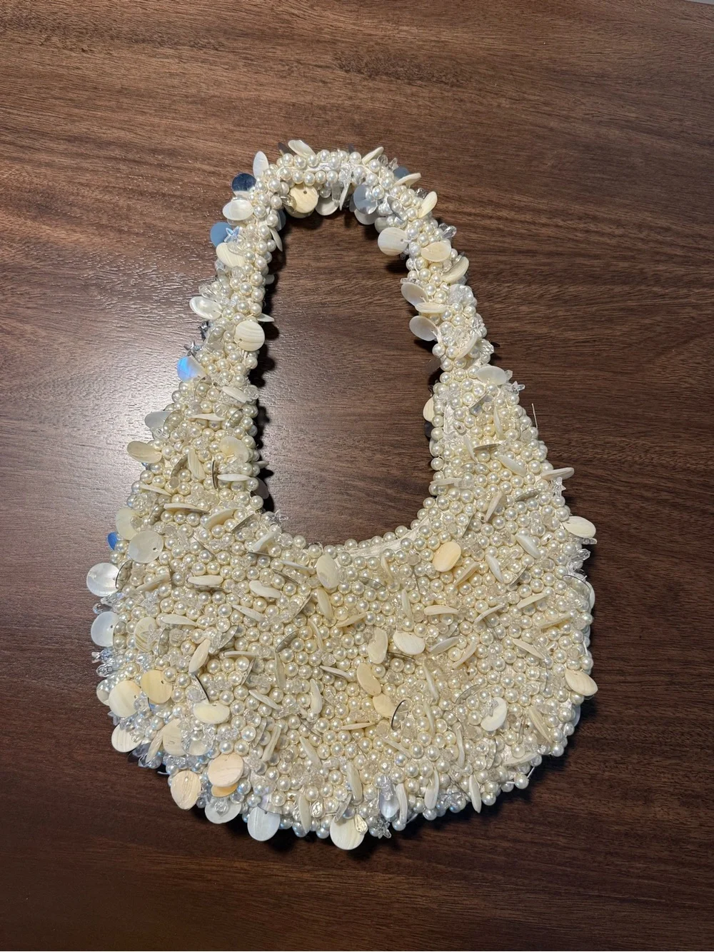 Beaded Pearl Sequin Evening Shoulder Bag - Cream