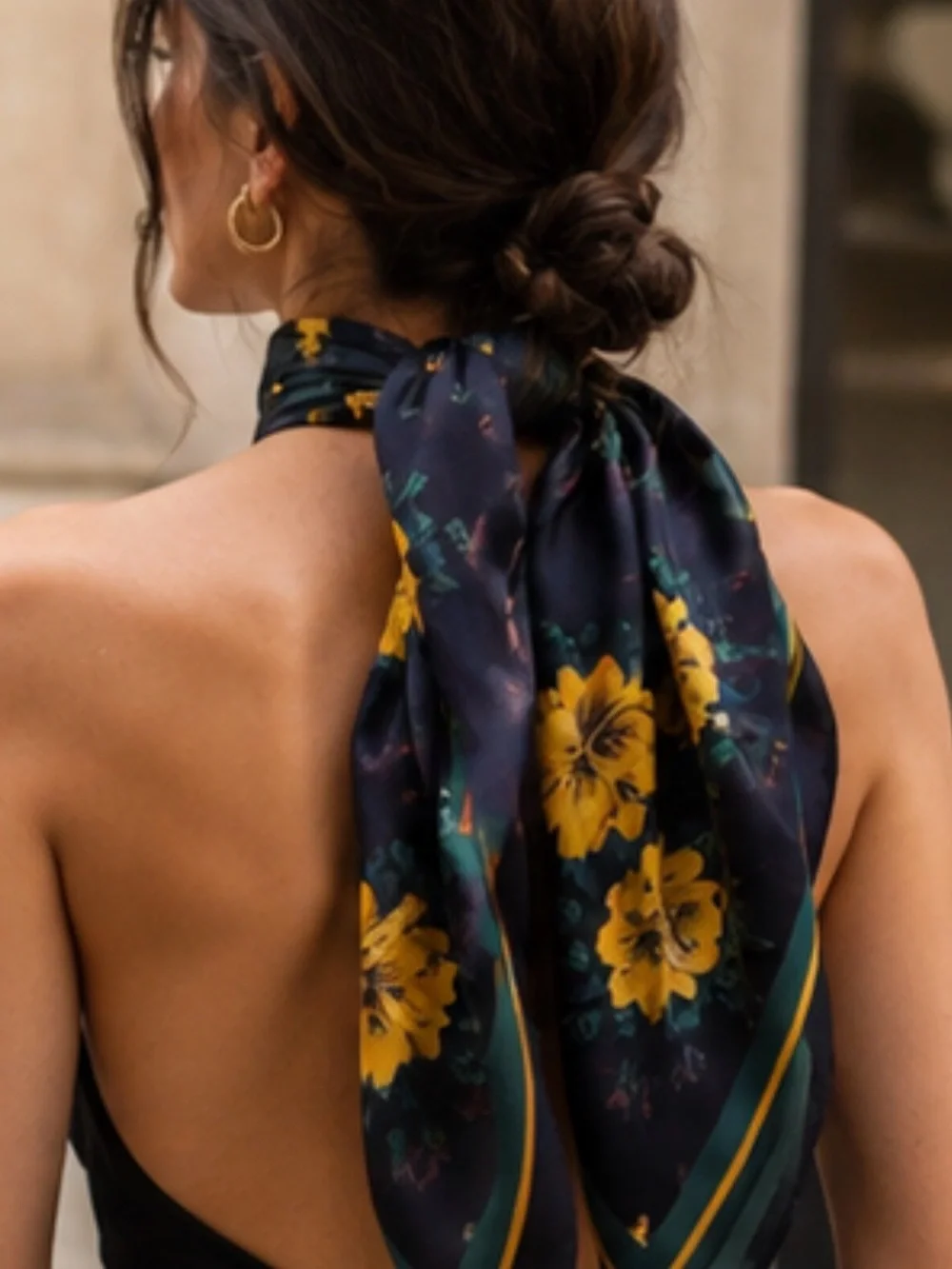 Navy Floral Silk-Look Neck Scarf with Yellow Blooms