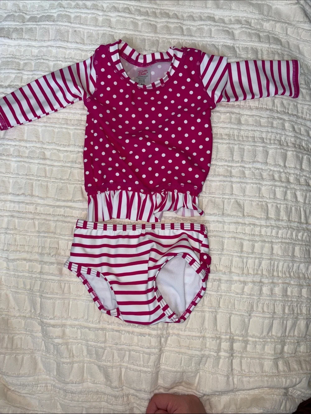 Ruffle Butts Pink and White Polka Dot & Stripe Girls Swim Set