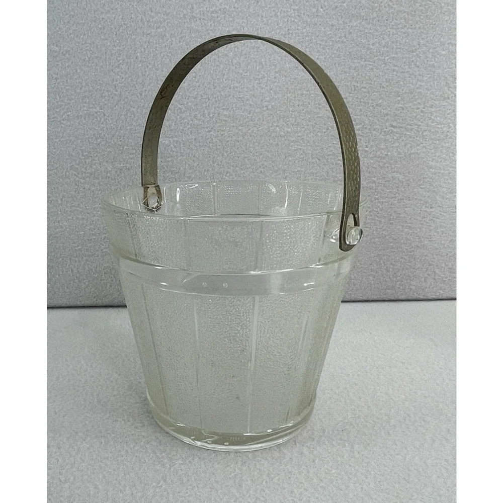 Vintage Anchor Hocking Clear Glass Ice Bucket Metal Handle Retro MCM Barware