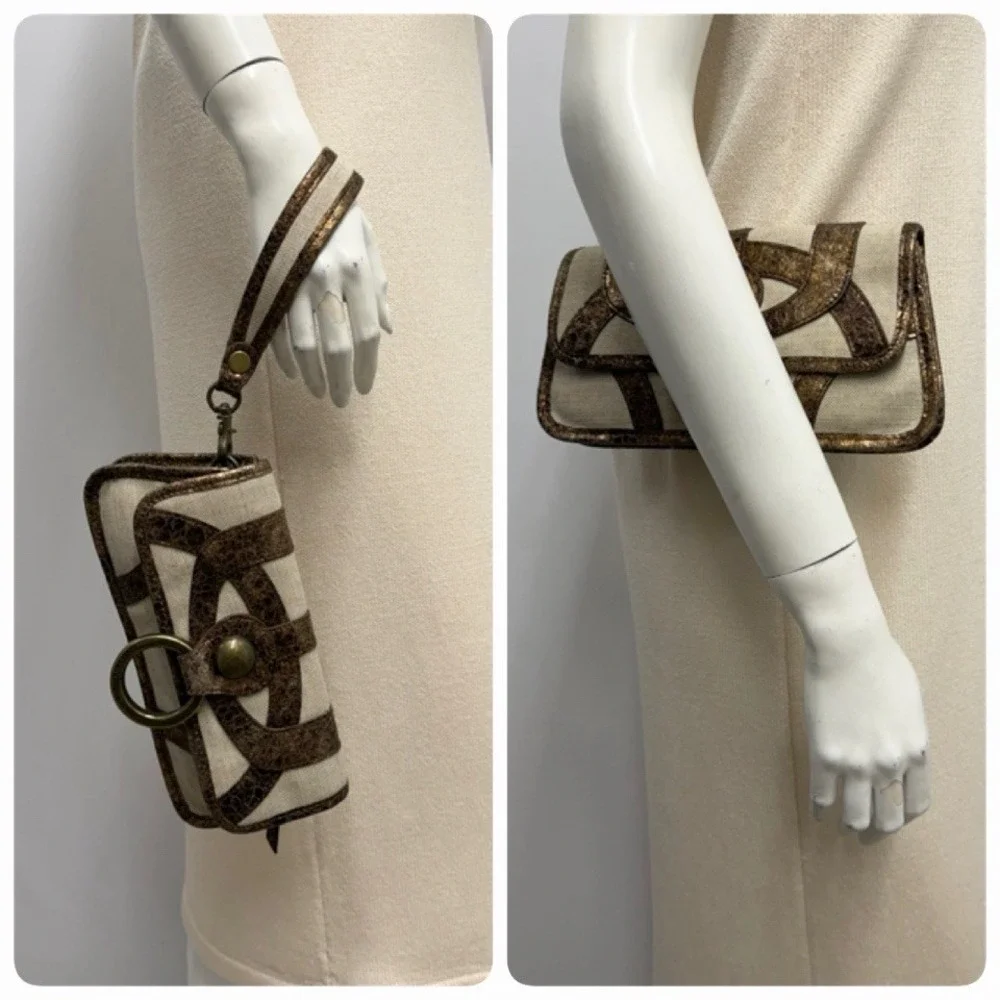 Isabella Fiore Clutch Bag Purse City Lights Clara Bronze Flax Leather & Linen