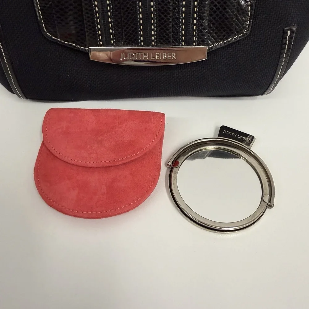 Judith Leiber Snakeskin and Fabric Purse Black Crystals Trim Mirror Change Pouch