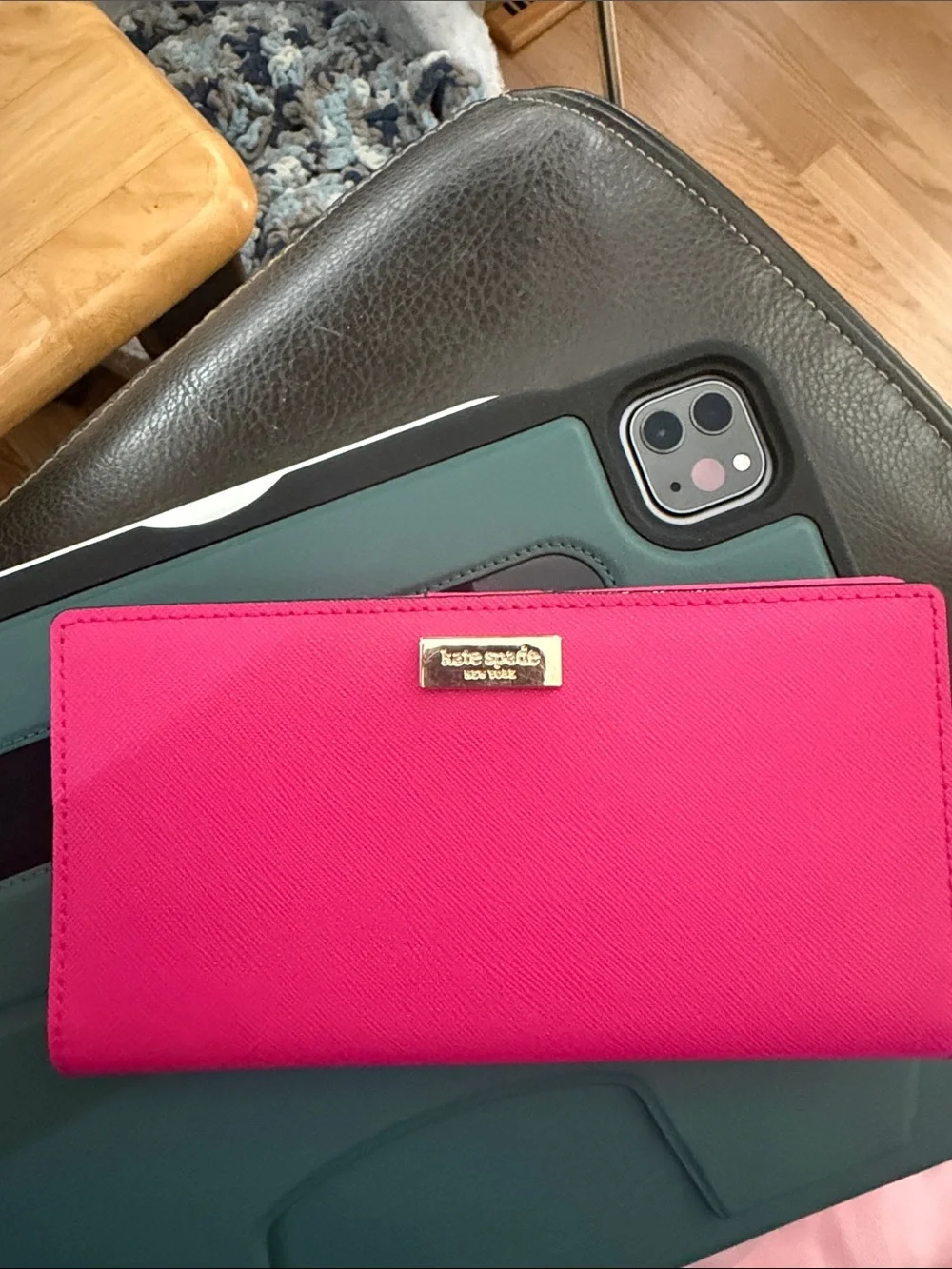 kate spade hot pink Saffiano wallet with gold logo plaque