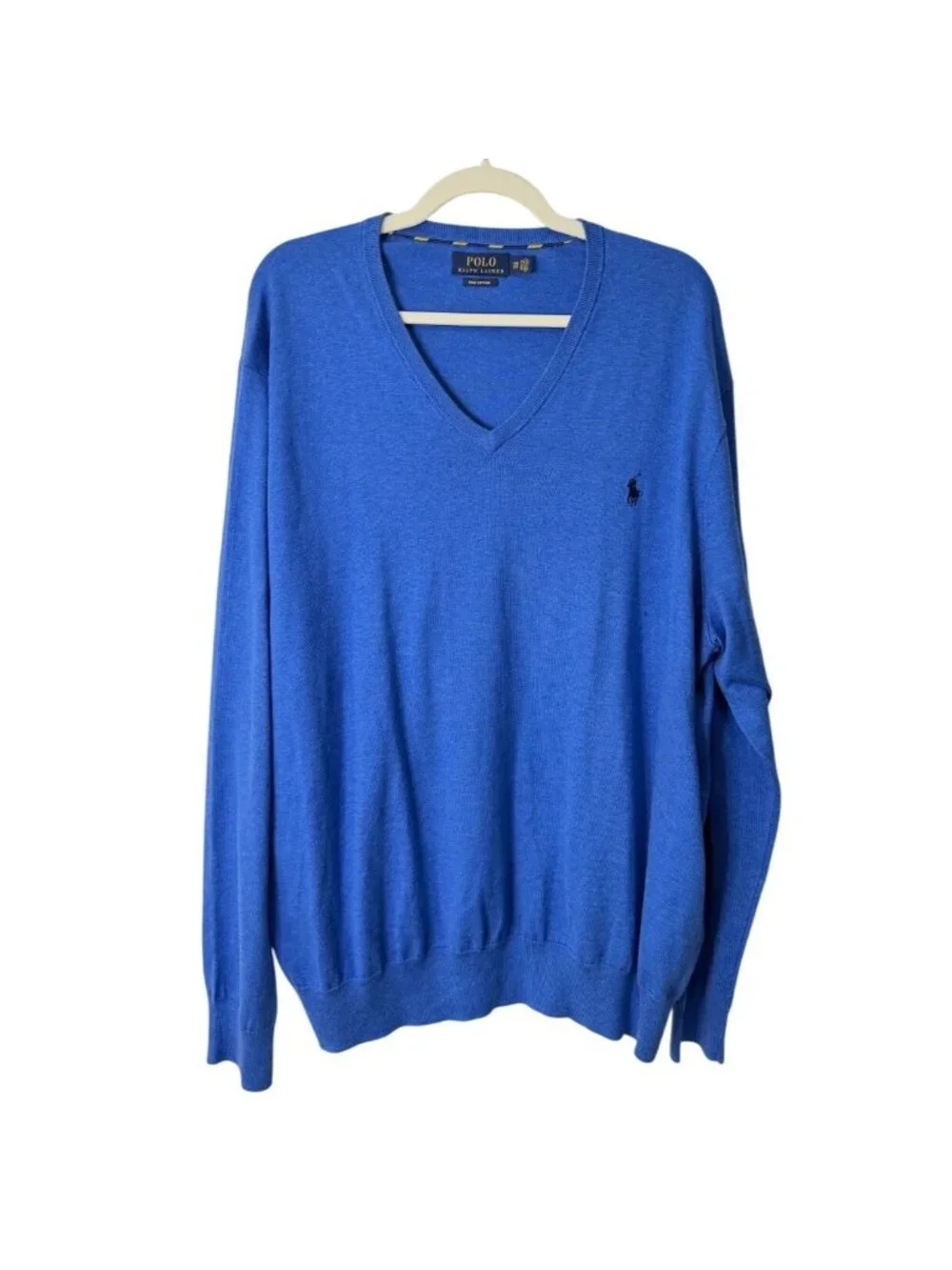 Polo Ralph Lauren Mens Size 2XB Pull-Over Sweater Blue Pony V-Neck Pima Cotton