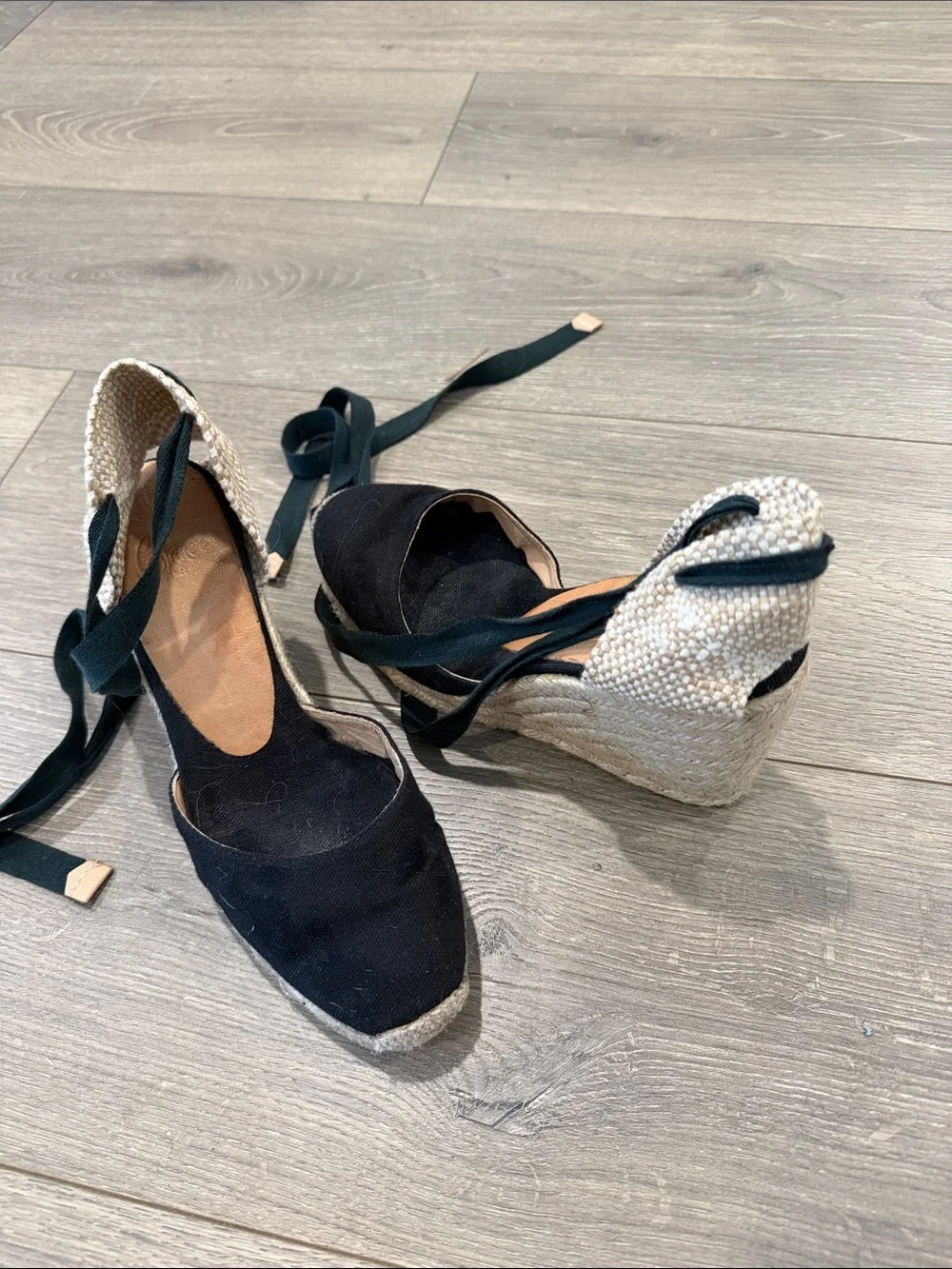 Castaner Black Canvas Espadrille Wedge with Ankle Tie