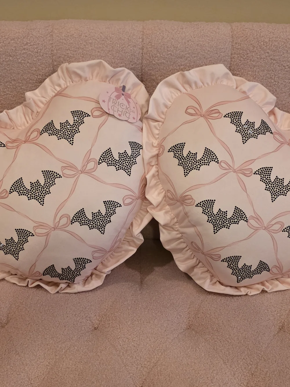 Trick or Chic Pink Bat Print Holiday Pillow