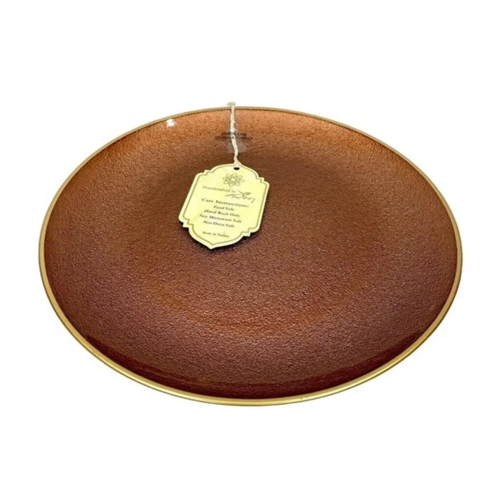 Turkish Glass 3 Entree Dinner Plates Set Brown Bronze Textured Gold Rim 11