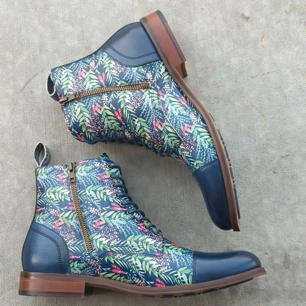 Thatcher Finch Men's Blue Floral Patterned Luxury‎ Derby Dress Boots Size 11