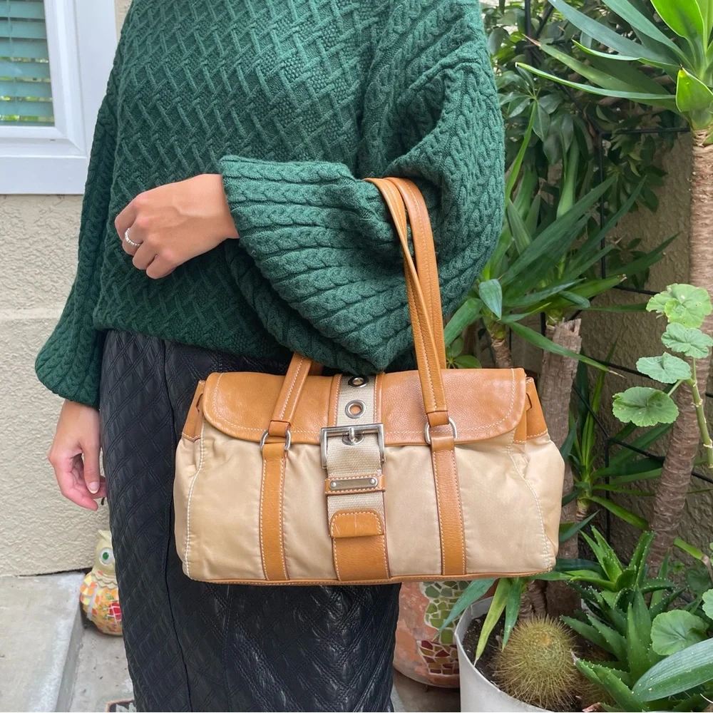 Vintage tan/silver Prada nylon/leather bag with dust bag