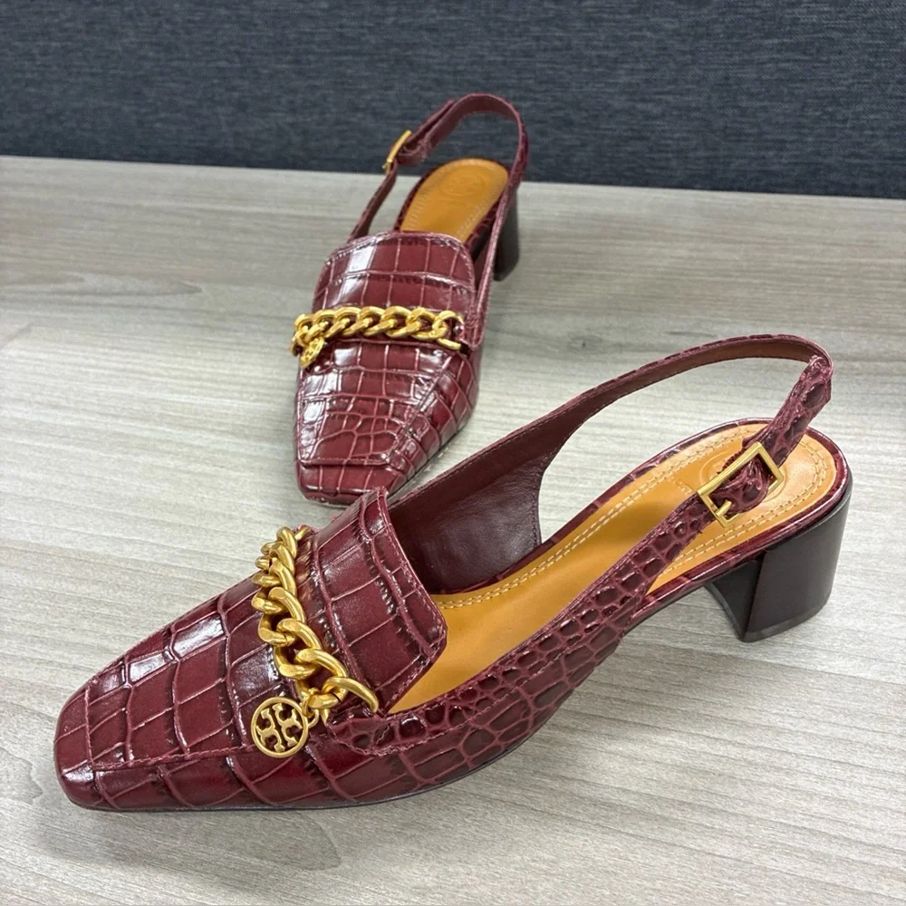 Tory Burch Mini Benton Charm Slingback Loafers, Burgundy Crocodile Embossed Sz 6