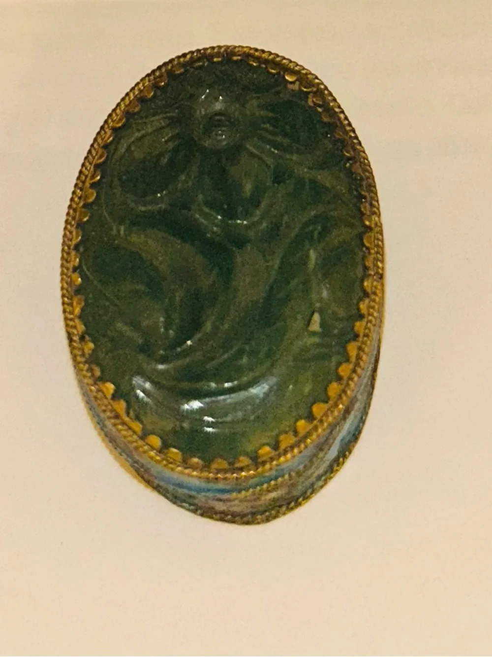 Oval Jade Trinket Box with Decorative Gold Trim