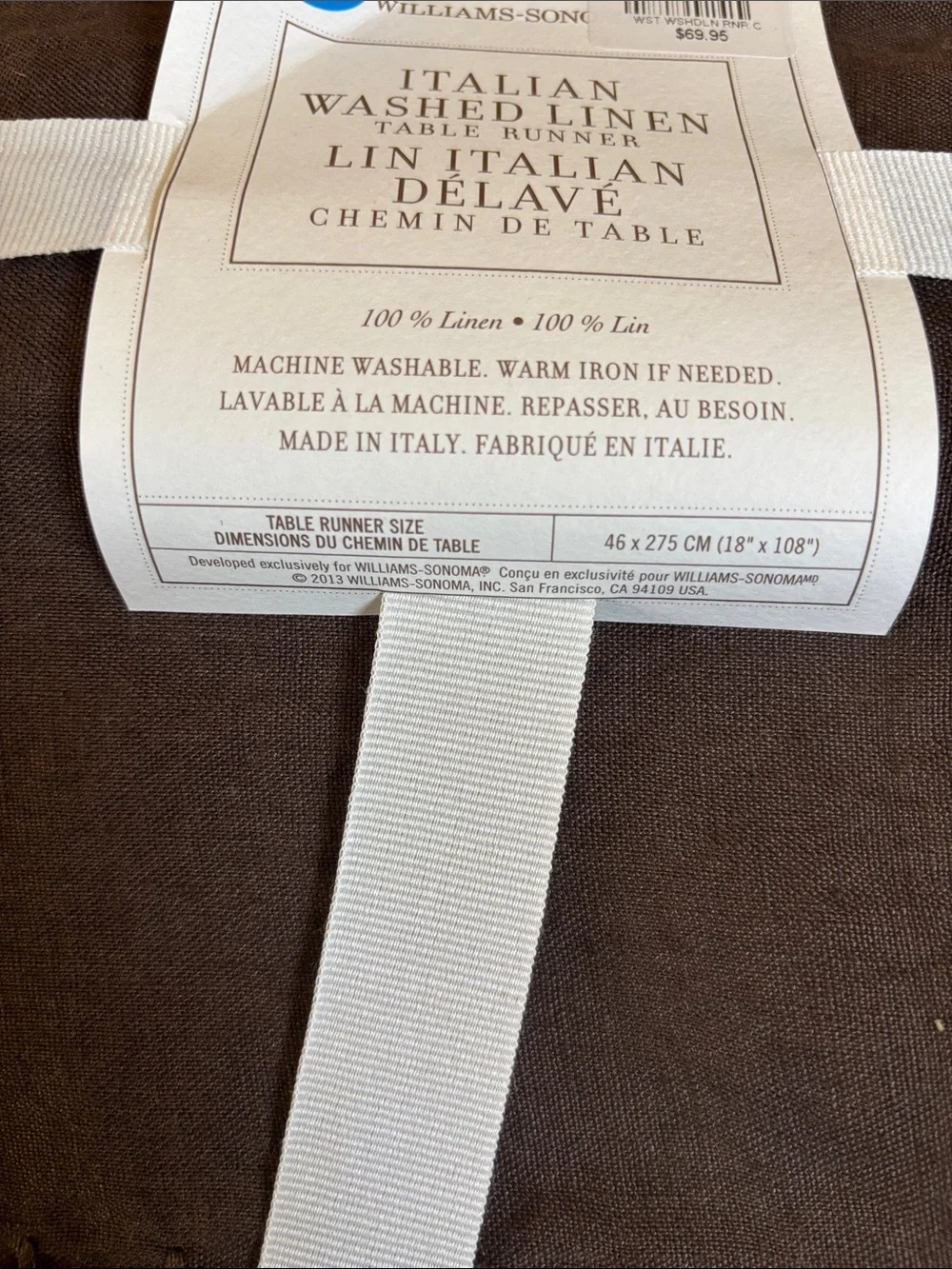 NWT Williams Sonoma Italian Washed Linen Table Runner Brown 18x108 Made Italy