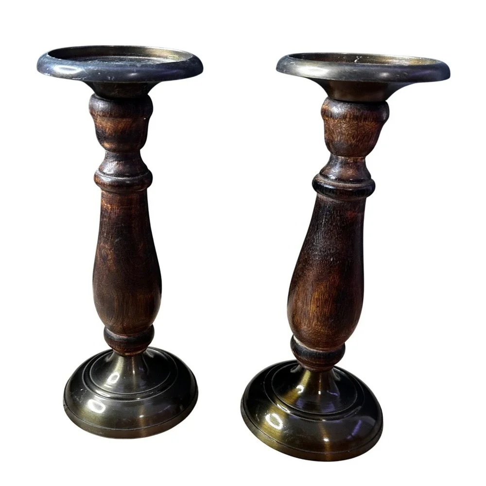 Vintage Wood and Brass Pillar Candle Holders Set of 2 Turned Dark Brown 9.5in