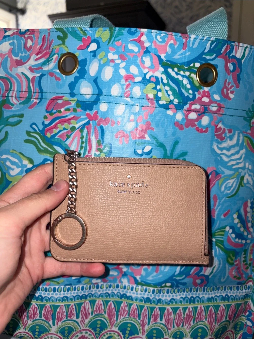 kate spade tan leather card case with gold keyring