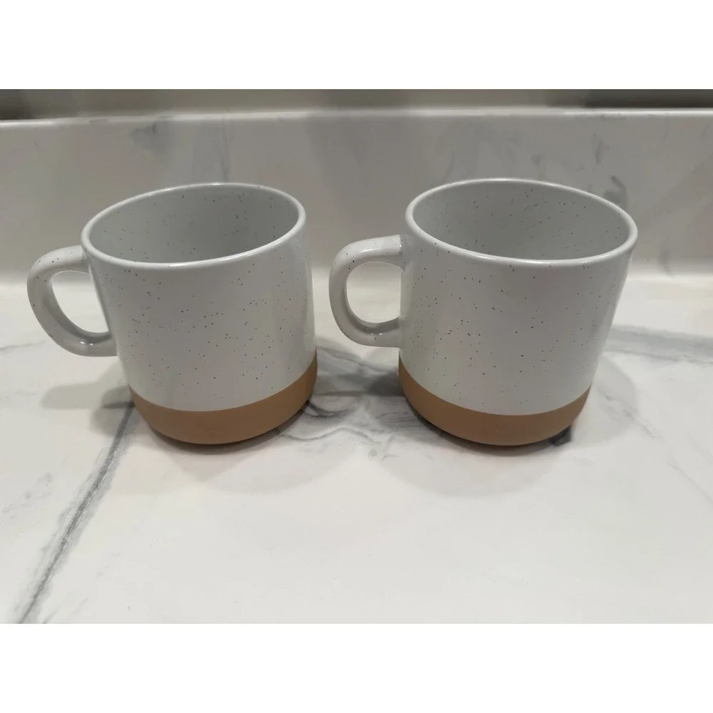 Set of 2 Speckled Ceramic Coffee Mugs Sip Snuggle Snooze White Tan Rustic