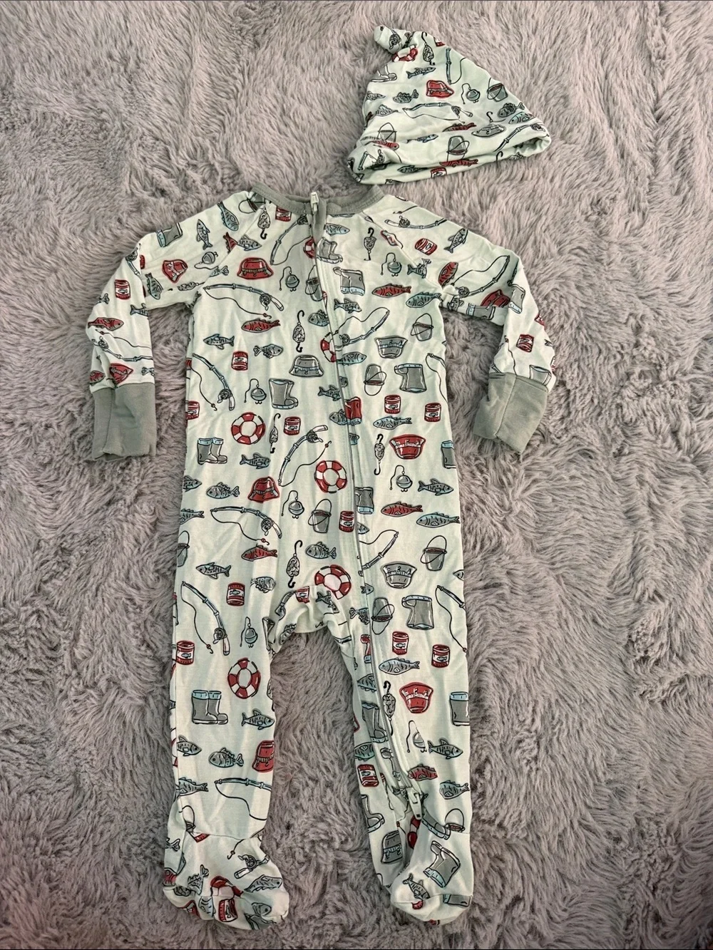 Bamboo Footed One-Piece Pajamas with Hat — Green Fishing Gear Prints
