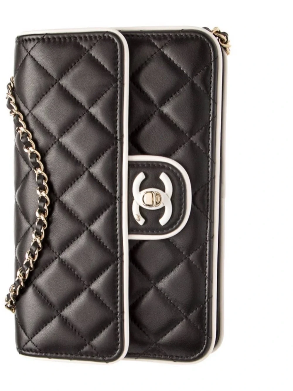 CHANEL Black Quilted Leather Shoulder Bag with White Trim and Gold Chain