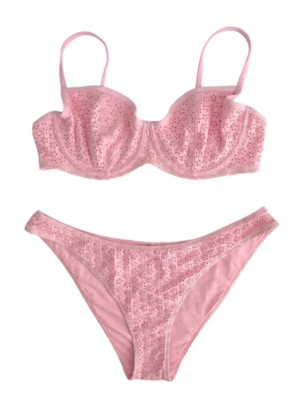 PINK X Frankies Bikinis Eyelet Bikini Set Pink Underwire Lace Cheeky Size XXL