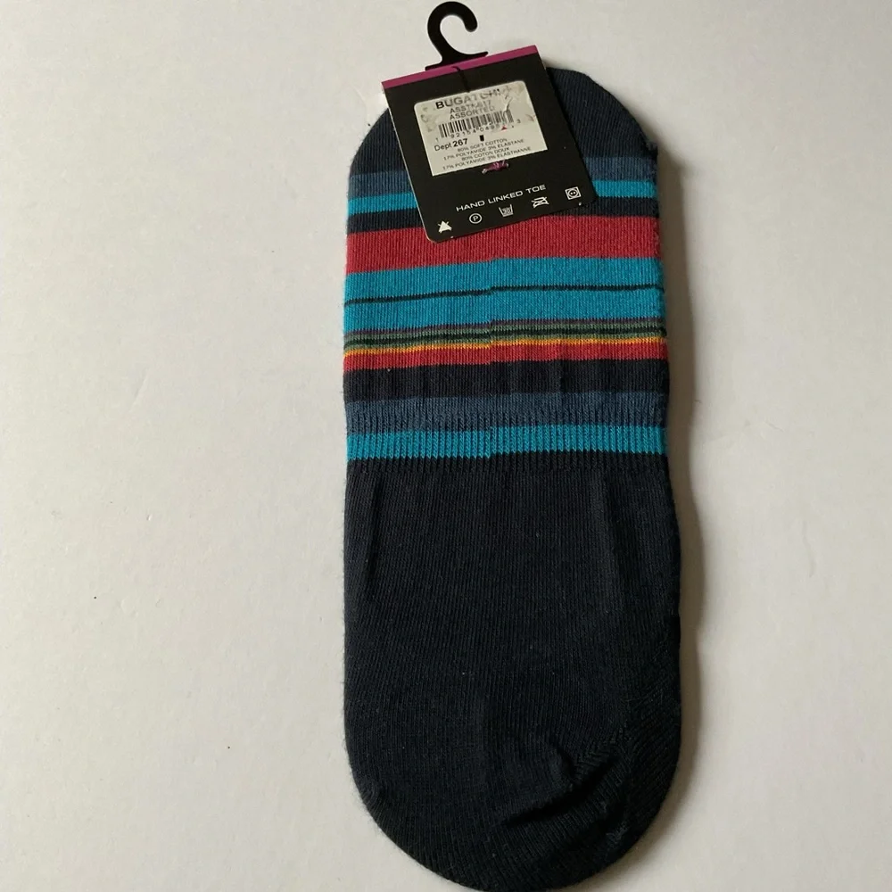BUGATCHI MENS COTTON LINER SOCKS  BLUE MULTI-COLOR STRIPE OS NWT