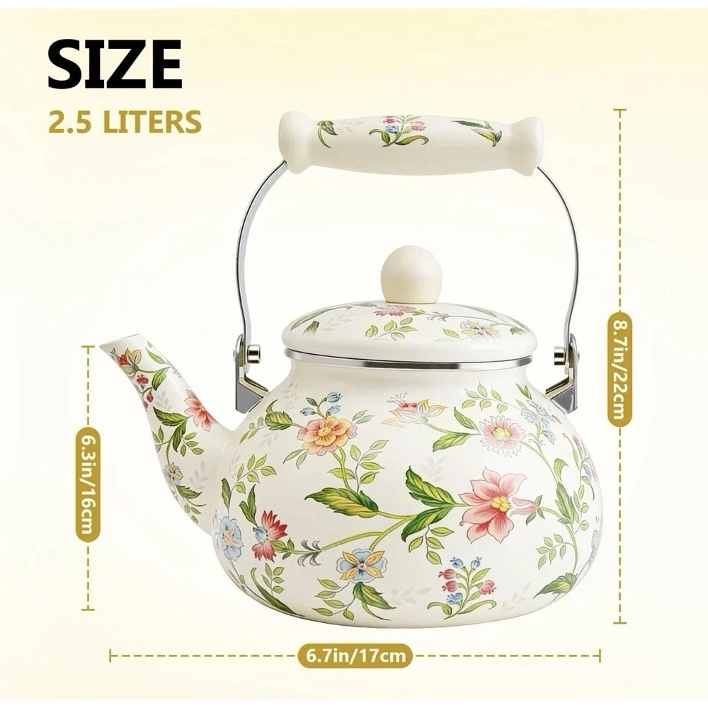 Floral Enamel Tea Pot Kettle Stove Top Porcelain  Cottage Core Farmhouse Nice!