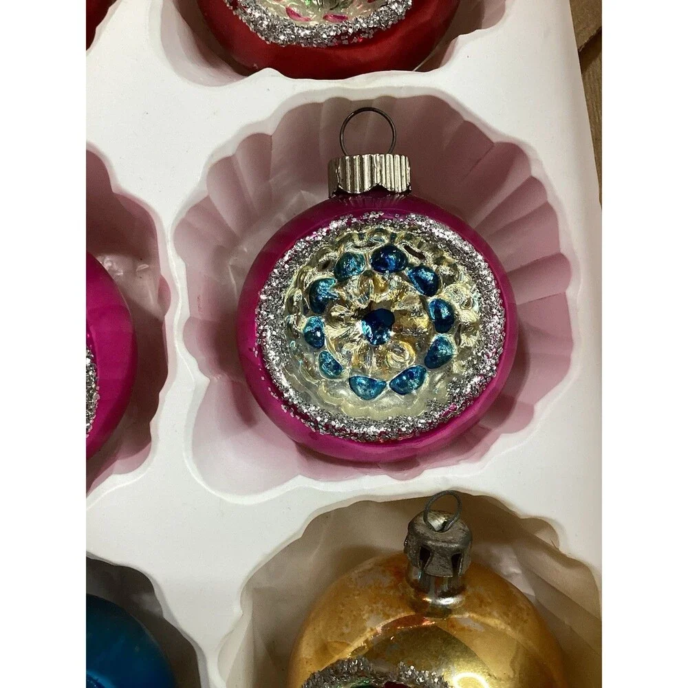 Indent Reflector Mercury Glass Christmas Ornaments Hand Painted Set of 6 Poland