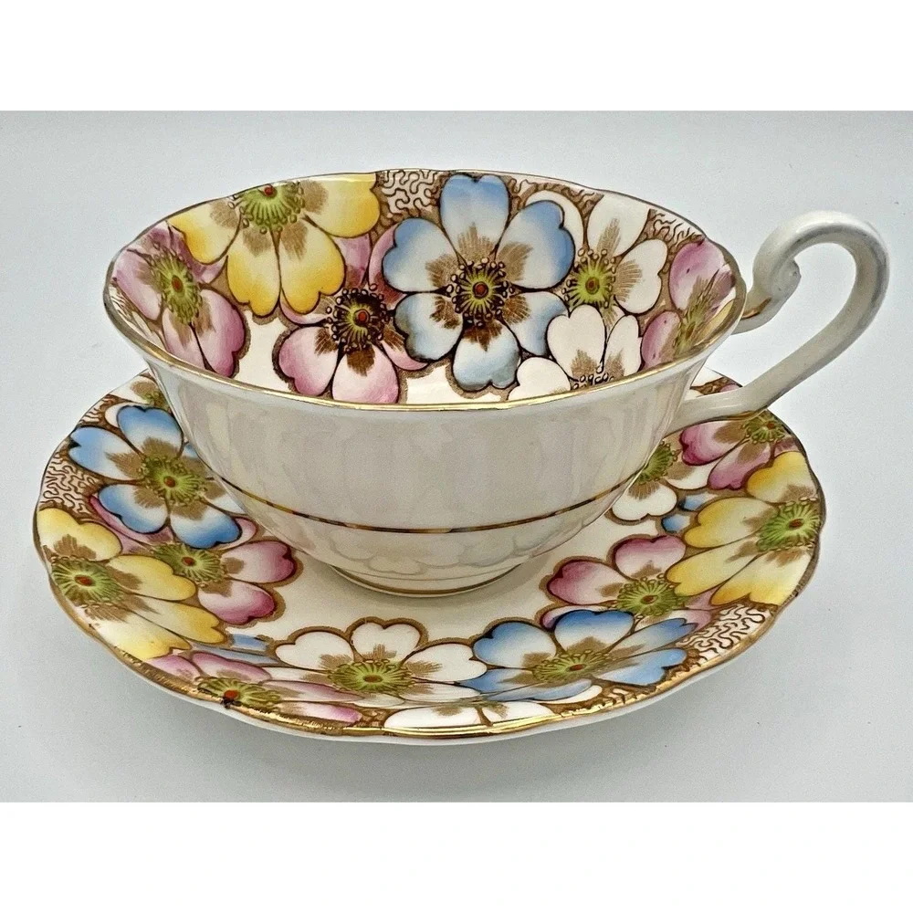 Victoria C and E Bone China England Teacup & Saucer Set  Annette Floral Flowers