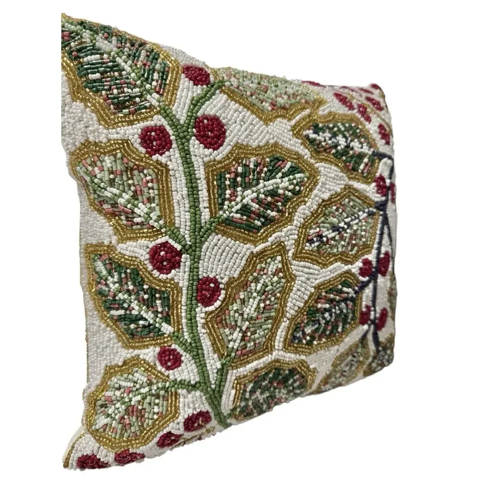 Christmas Throw Pillow Leaves Hand Beaded Gold Accent Holiday Sparkle‎ Rare