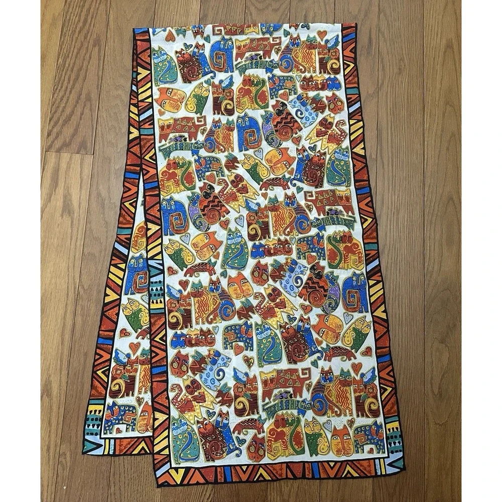 Vintage Style Cat Scarf 100% Silk Colorful Whimsical Novelty Cats 59x16‎