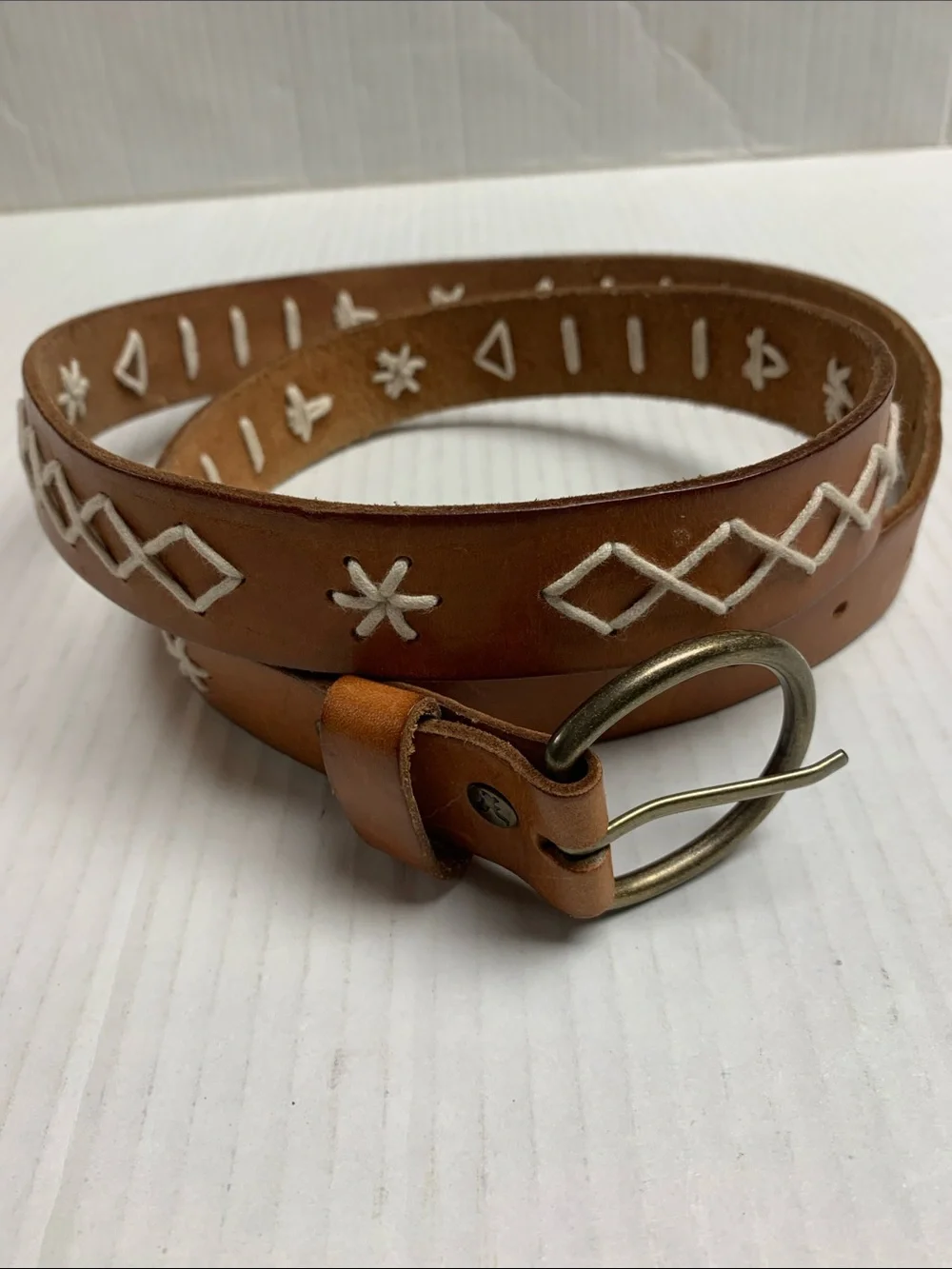 American Eagle Vintage Y2K Brown Genuine Leather Embroidered Boho Western Belt