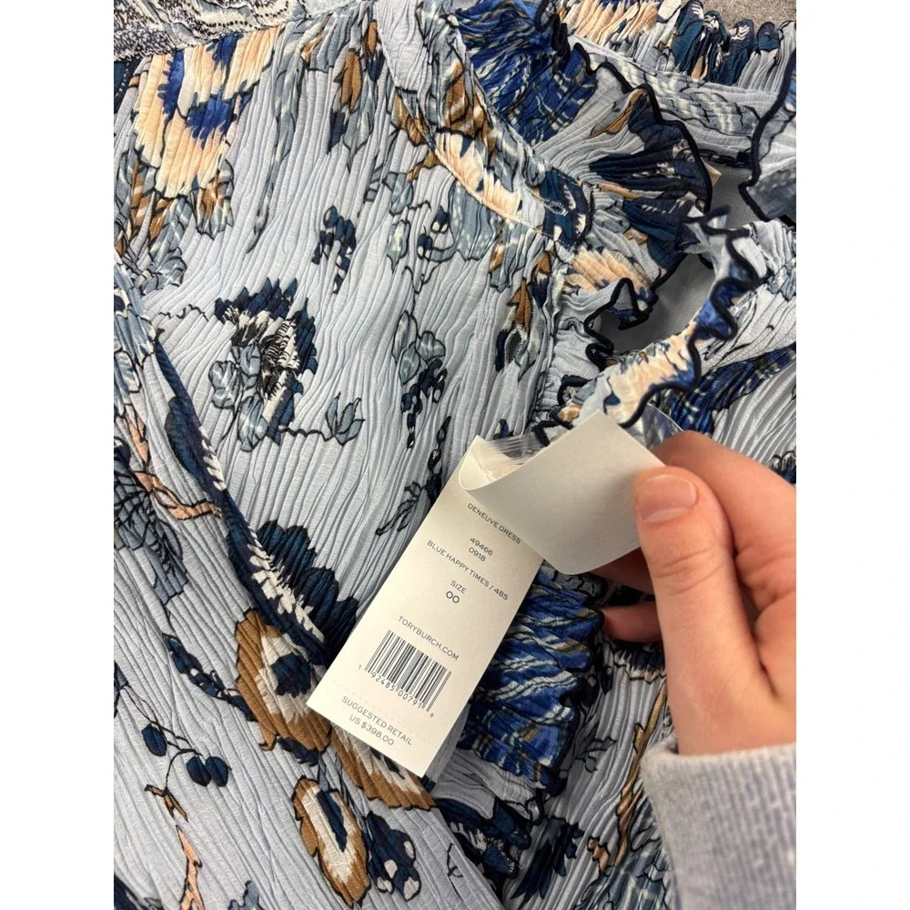 Tory Burch Deneuve Dress Blue Happy Times Floral Pleated Knee Length Womens 00