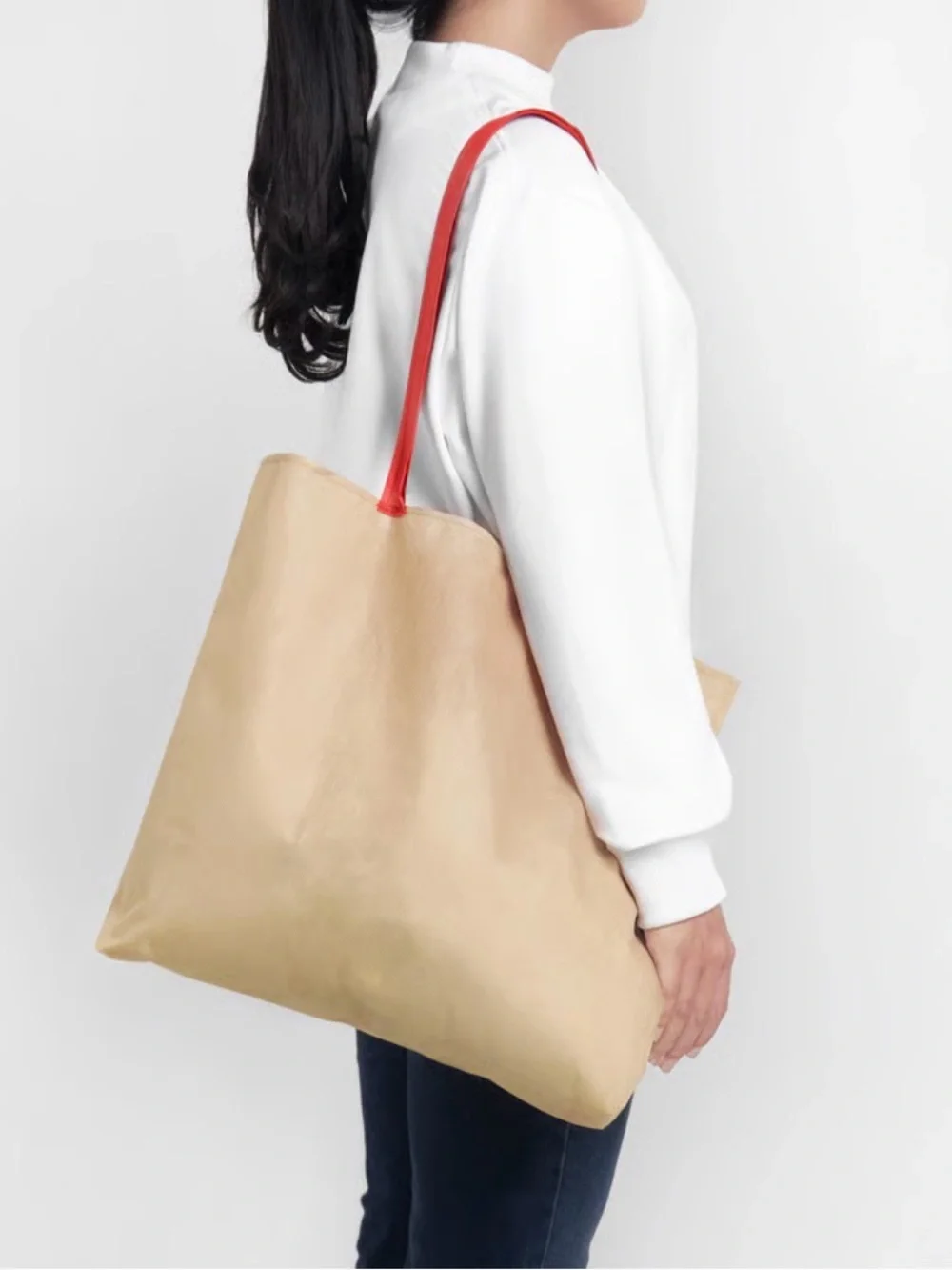 IKEA Foldable Cream Tote Bag with Red Handles