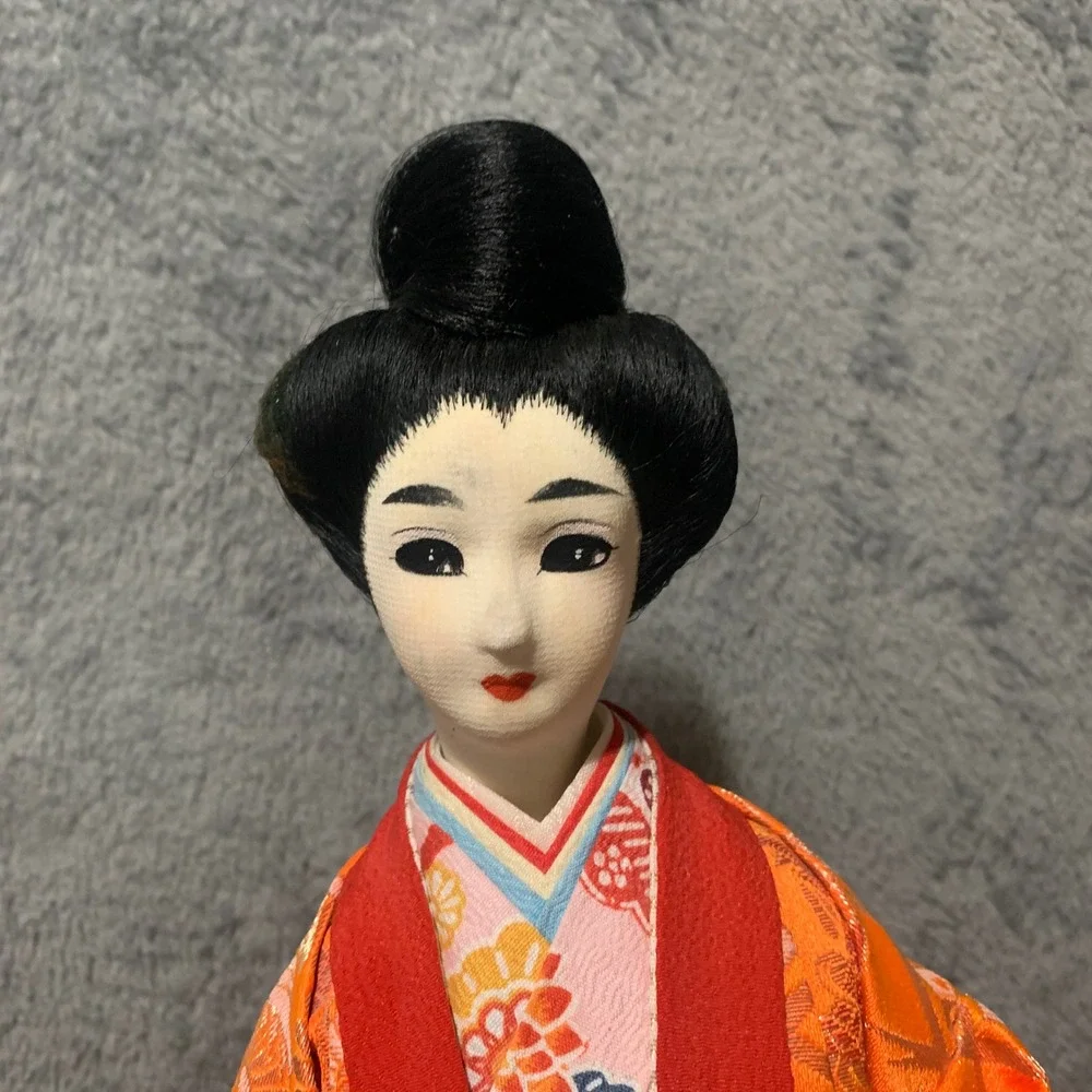 Vintage Japanese Geisha Doll Orange Silk Brocade Kimono Tatami Base 17 Inch