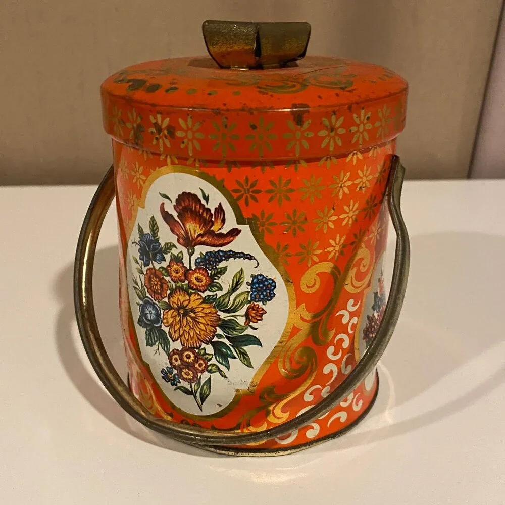 Vintage English Orange Floral‎ Toffee Tin Canister 4.5x3.5 Cottagecore