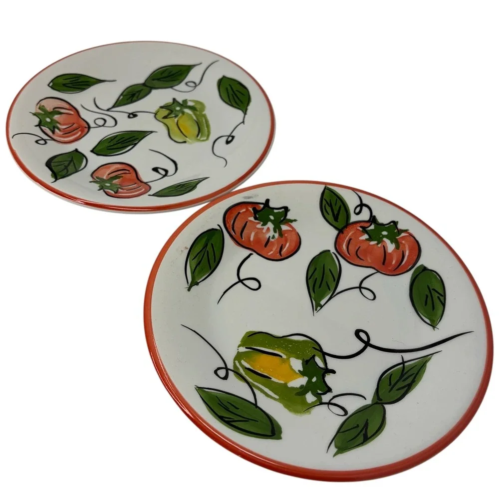 Vintage Pier 1 Italy Handpainted Tomato Pepper Salad Plates Set of 2 8.5