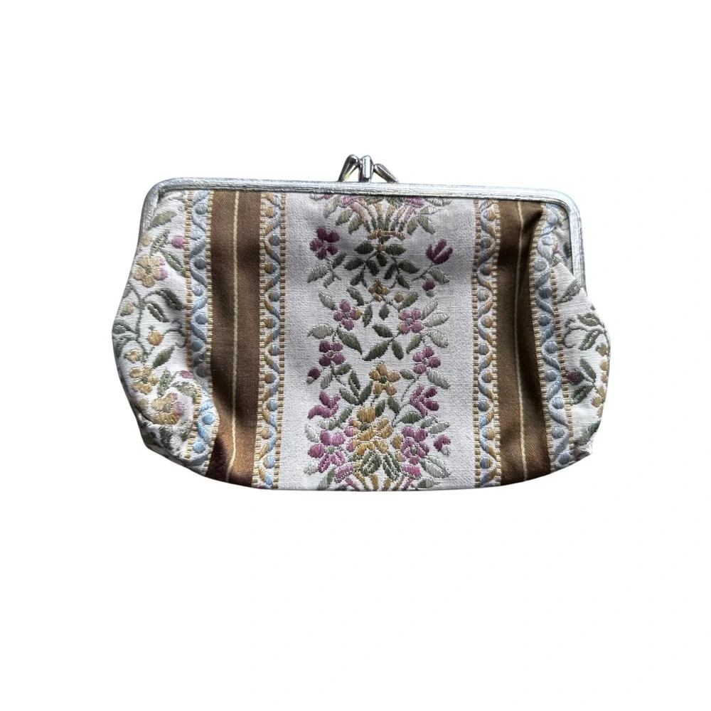 Vintage Tapestry Kiss Lock Coin Purse Floral Embroidered Small Clutch Bag Brown