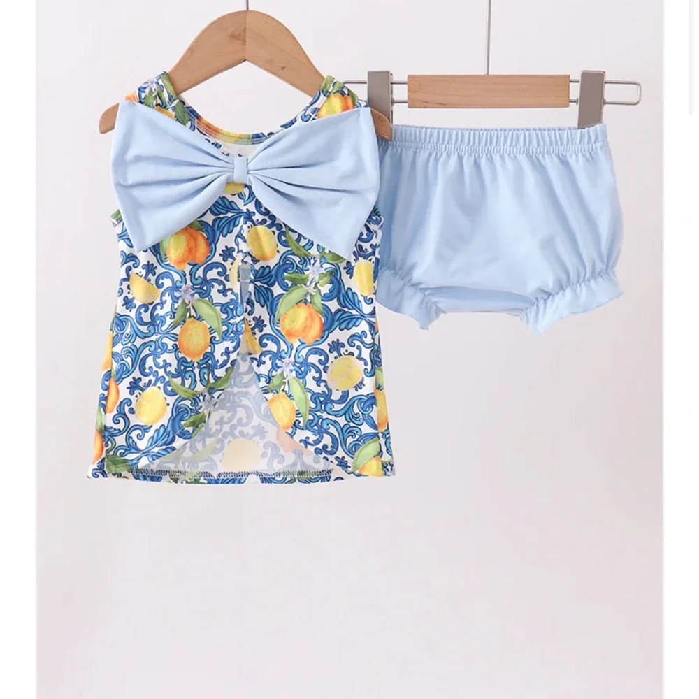 Smocked Baby Two-Piece Lemon Set with Light Blue Bow & Ruffle Bloomers Set Girls