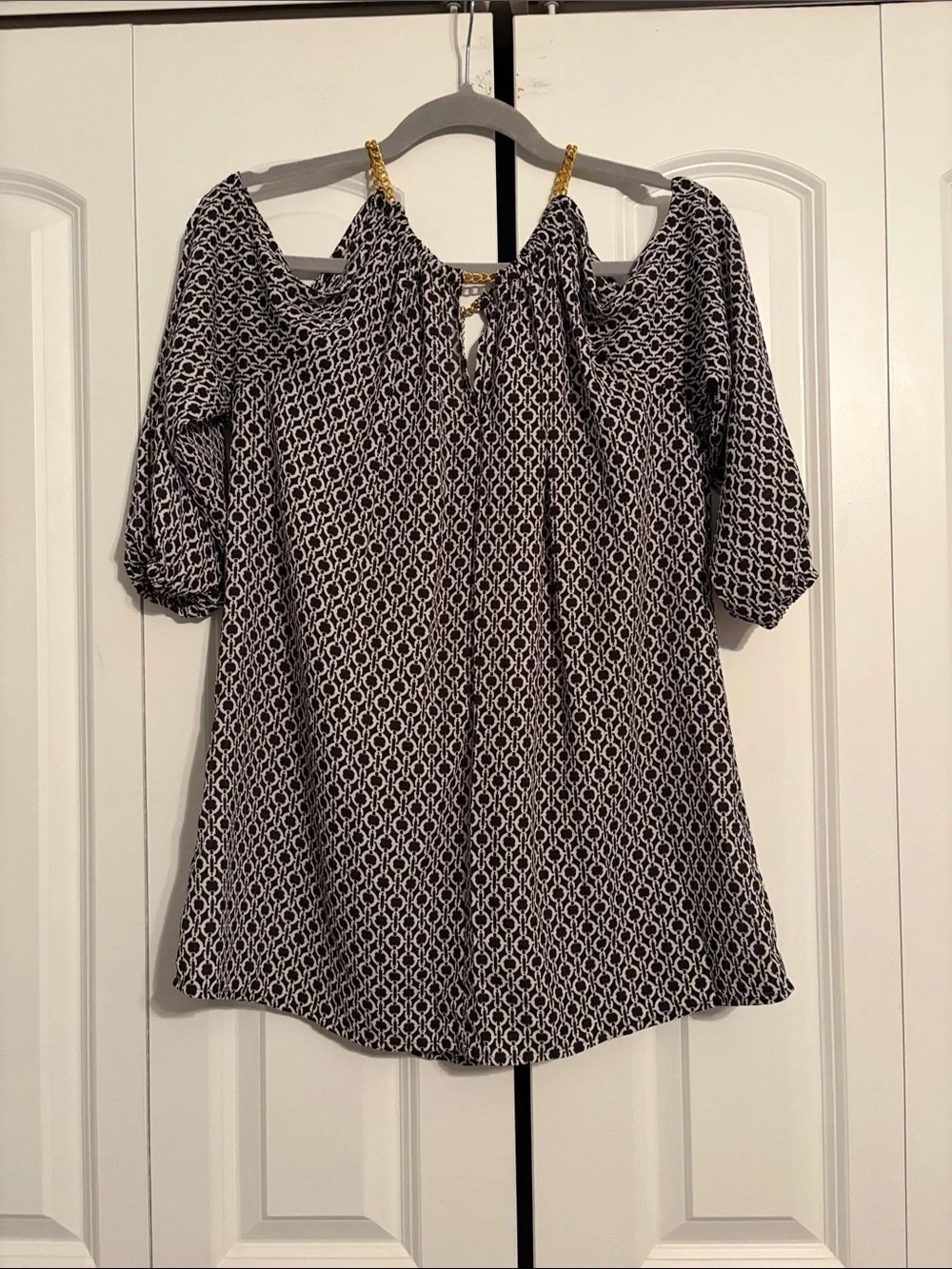 Michael Kors Black and White Cold-Shoulder Top with Gold Chain Straps