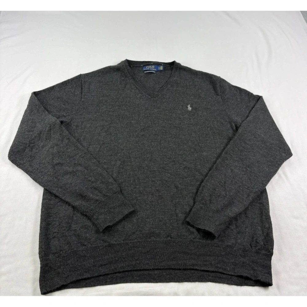 Polo Ralph Lauren Sweater Mens XL Gray Washable Merino Wool V-Neck Pullover