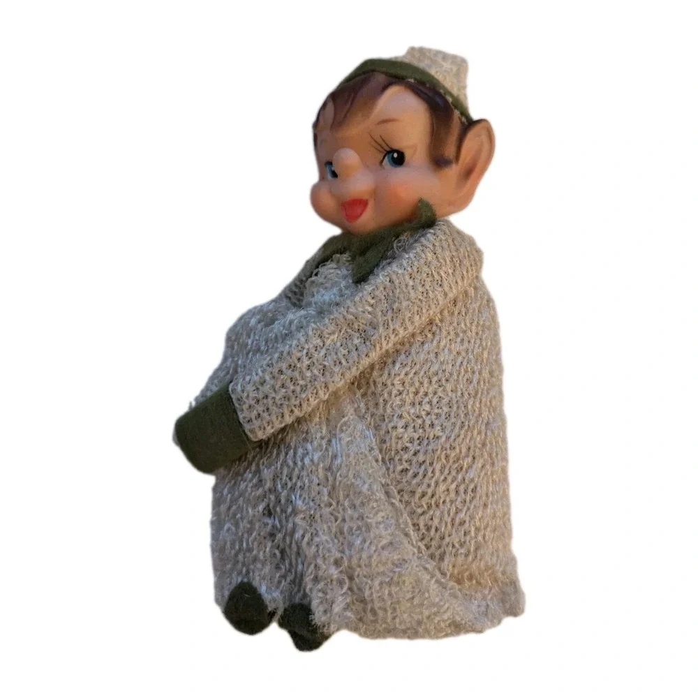 Vintage Christmas Knee Hugger Elf Pixie White Green Bell Ornament Doll Figure Ti