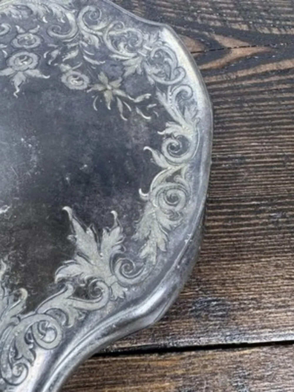 Vintage Handheld Vanity Mirror Floral Etched Metal Frame Tarnished Silver